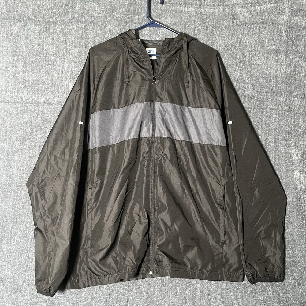 Starter Mens Windbreaker Jacket Size L Large Black Gray Hooded Full Zip